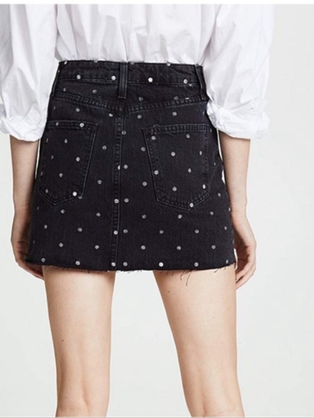 Current/Elliott The Five-Pocket Cutoff Black Denim Polka Dot Mini Skirt - Picture 8 of 9